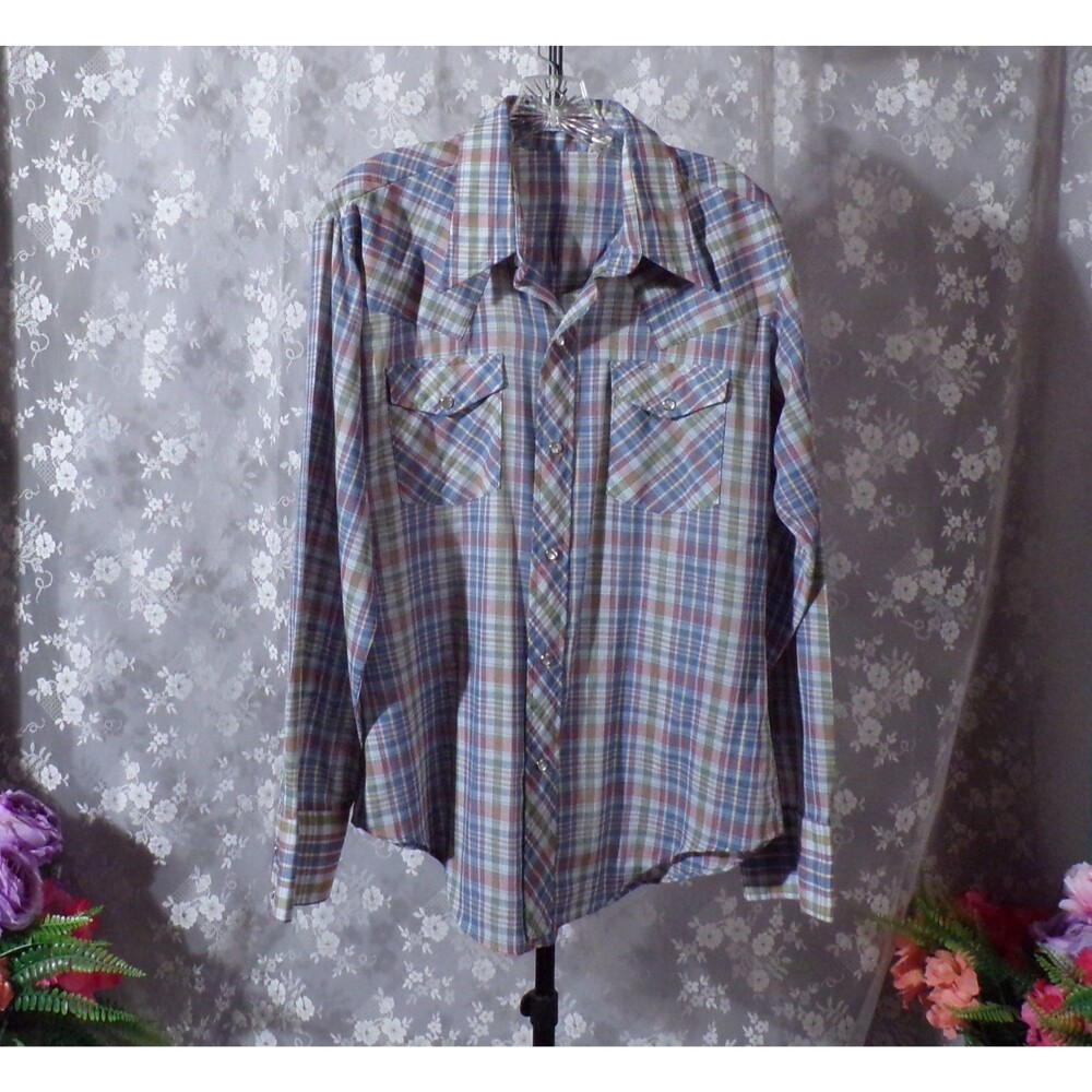 Vintage 70s Cowboy Shirt Size Large 1970s Retro Western Rodeo Plaid Cabincore